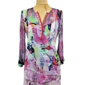 A Common Thread Silk Sheer Multicolor Blouse Retro Print Henley Womens M Vtg